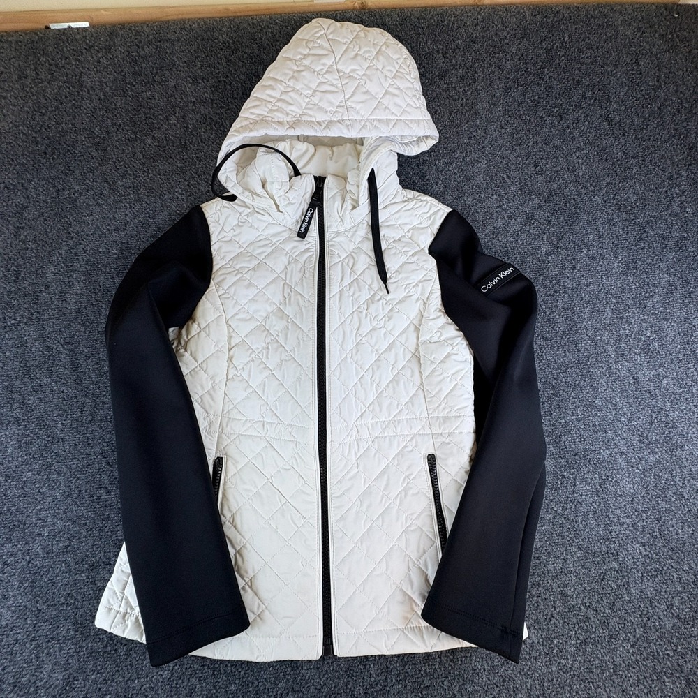 Calvin Klein Quilted Puffer Jacket Womens XS White Black Logo Hooded Full Zip
